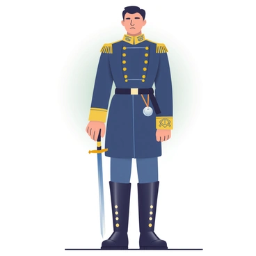 A Confederate general with light skin is depicted standing tall in full military regalia. He is wearing a dark blue uniform adorned with gold trim and brass buttons, showcasing intricate insignia on his shoulders. His dark hair is neatly groomed, and he has a stern expression on his face. The general is holding a ceremonial sword with a detailed hilt in his right hand, while his left hand rests at his side. Behind him is a subtle backdrop featuring a muted gradient, enhancing the formal tone of the portrait. The general's boots shine, reflecting the light, and a small silver medal is pinned prominently on his chest, indicating his rank and achievements.