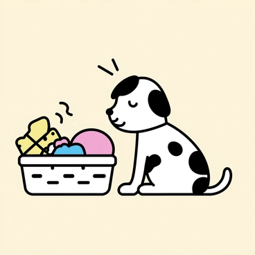 A dalmatian puppy with black spots on a white coat, showcasing a curious expression, is sitting on a light beige surface. Next to the puppy, there is a woven basket filled with colorful toys, including a red ball, a yellow squeaky bone, and a blue stuffed animal. The puppy's ears are perked up, and its tail is wagging slightly. The overall scene captures a playful and engaging moment.