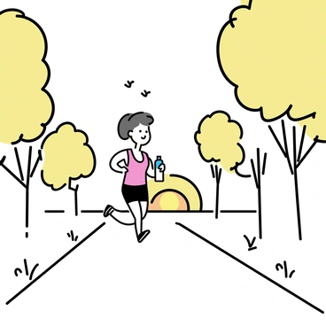 A person jogging on a narrow path in a park during sunrise. The jogger is wearing a red tank top and black shorts, with a water bottle in one hand. The sun is just above the horizon, casting a warm orange and yellow glow across the sky. Tall trees line both sides of the path, their leaves starting to turn golden in the morning light. There are a few small birds flying overhead, and a light mist covers the grass on either side of the path.