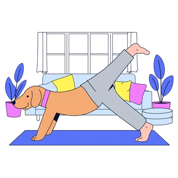 A dog with a light brown coat is positioned in a downward dog pose, mirroring its human who is also in the same pose on a yoga mat. The human is wearing comfortable gray workout clothes. They are in a cozy living room filled with plants and bright, natural light filtering through a window. A soft rug is placed under the yoga mat, and there are cushions scattered around the room.