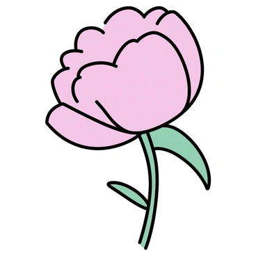A single peony flower in full bloom, showcasing layers of delicate petals. The petals are soft pink, with a subtle gradient towards a lighter shade at the edges. The flower is positioned at a slight angle, allowing the light to catch and illuminate its surface, creating gentle highlights. The stem is a vibrant green, with a few smooth leaves extending from it, adding to the overall composition. The background is simple and unobtrusive, emphasizing the beauty of the peony.