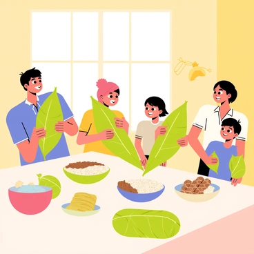 A family gathered in the kitchen, working together to wrap Banh Chung for Tet.