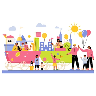 A parade scene filled with vibrant colors and joyful energy. Colorful floats designed like animals, flowers, and famous landmarks move down the street. Balloons in various shapes and sizes, including hearts and stars, float in the air. Happy families with smiling faces are gathered along the sidewalks, some waving flags while others are holding hands. Children excitedly point at the floats, and a few of them are wearing festive hats. The sun shines brightly above, enhancing the cheerful atmosphere of the celebration.