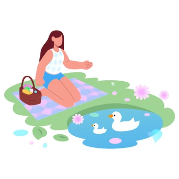 A Polly Pocket doll is sitting on a colorful checkered blanket spread out on the grass. She has a small picnic basket beside her filled with miniature food items. In front of her, a tiny pond is visible, with several ducks swimming gracefully. The pond is surrounded by delicate lily pads, some with small pink flowers blooming. The scene is bright and cheerful, capturing the essence of a playful outdoor picnic.