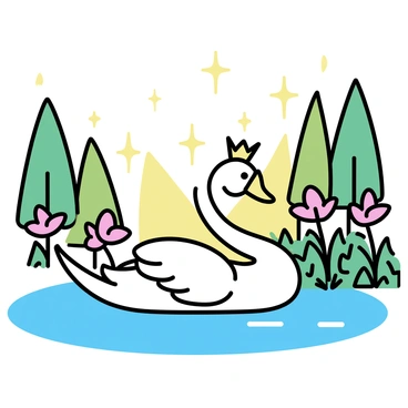 A swan with iridescent feathers gliding gracefully on a clear, shimmering pond. The swan is adorned with a tiny golden crown perched on its head, catching the light. Surrounding the pond is a lush enchanted forest filled with tall, green trees and vibrant flowers. Soft beams of light filter through the leaves, illuminating the scene. There are small, sparkling fireflies fluttering around the swan, adding to the magical atmosphere.