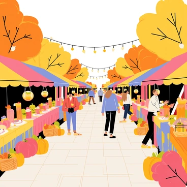 A charming street market decorated for autumn features several colorful stalls lined up along a cobblestone path. Each stall is adorned with vibrant orange and yellow leaves, twinkling fairy lights, and pumpkins of various sizes. Handmade crafts, such as knitted scarves and wooden toys, are displayed prominently on the tables. Baskets filled with seasonal goods, including apples, gourds, and jars of honey, add to the inviting atmosphere. People stroll through the market, some stopping to admire the crafts or sample seasonal treats like caramel apples. The scene is filled with warm colors and the soft glow of lanterns, creating a cozy autumn ambiance.