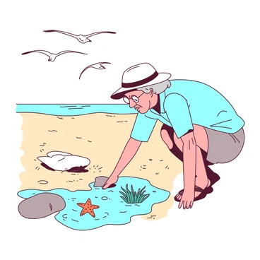 An elderly person with gray hair and wearing a sunhat is walking along the sandy beach, closely examining the tidal pools. They are wearing a light blue shirt and khaki shorts, with a pair of sandals on their feet. The beach is dotted with small, colorful shells and smooth stones. In one tidal pool, there is a small orange starfish resting on a rock, while a few teal sea anemones sway in the water. The elderly person crouches down, peering intently into the water, with a look of wonder on their face as they discover hidden sea creatures. Seagulls can be seen flying overhead against a clear sky.