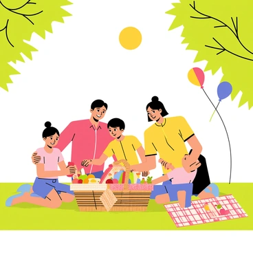 A family of four sitting on a green blanket spread on the grass in a park. The sun is shining brightly in a clear blue sky. The parents are smiling, while the two children playfully reach into a wicker basket filled with an assortment of colorful snacks, including sandwiches, fruits, and drinks. Nearby, there is a red and white checkered picnic cloth, and a few colorful balloons are floating in the air. Trees with green leaves surround the scene, adding depth to the picturesque setting.