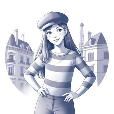 A young girl stands confidently, wearing a beret tilted slightly to one side and a classic striped shirt. She has long flowing hair cascading over her shoulders. The background features iconic Parisian architecture, including ornate buildings with decorative balconies and large windows. A hint of the Eiffel Tower can be seen in the distance, adding to the recognizable cityscape. The girl has her hands on her hips, exuding an air of self-assuredness, while her expression is cheerful and engaging.