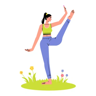 A woman in form-fitting yoga attire is demonstrating a graceful yoga pose. She has long hair tied back in a ponytail. The setting is an outdoor area with lush green grass and vibrant flowers surrounding her. A clear blue sky overhead enhances the natural ambiance. The sunlight casts gentle shadows on the ground. She stands on one leg, with her other leg raised and bent at the knee, arms extended outward for balance. Her facial expression is focused and calm, reflecting her concentration on the practice.