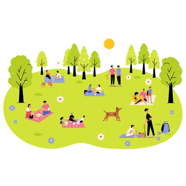 A city park with green grass and a variety of trees scattered throughout. Groups of people are sitting on colorful picnic blankets under the shade of the trees. Some individuals are playing frisbee while others are walking dogs. There are vibrant flowers blooming in patches across the park. A few families are gathered around picnic baskets, enjoying food and drinks. The sky is clear with a bright sun shining down on the scene, illuminating the joyful atmosphere.