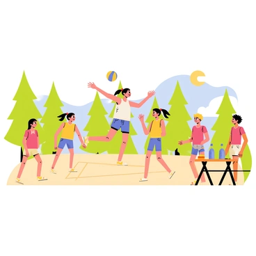 A group of five young kids are gathered on a sandy volleyball court at a summer camp. Three girls and two boys are involved in the game, wearing colorful tank tops and shorts. The girls have long hair tied into ponytails, while the boys have short hair. One girl is jumping up to hit the volleyball, which is in mid-air, while the others are positioned on the court, ready to play. In the background, tall green trees and a bright blue sky can be seen, adding to the cheerful summer atmosphere. A nearby picnic table with water bottles and snacks is also visible, indicating a fun day at camp.