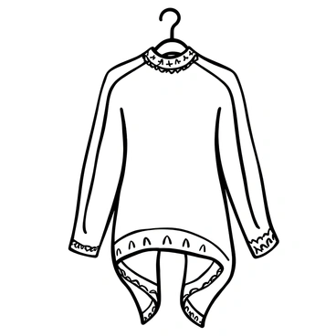 A high-low hem blouse is displayed, with the fabric draping elegantly downwards at the back. The blouse features intricate patterns along the edges, enhancing its design. An assortment of delicate textures is visible on the fabric, with the colors transitioning gradually from top to bottom, creating a seamless flow. The blouse is positioned on a simple hanger against a textured backdrop, showcasing its unique shape and detail. The overall composition highlights the blouse's fashionable silhouette and exquisite craftsmanship.