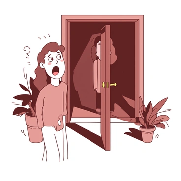 A person with wide eyes and an open mouth is gasping in surprise while standing at their front door. Their face shows a mix of shock and curiosity. The front door is made of dark brown wood, with a brass doorknob shining in the light. In the doorway, a figure stands, partially visible, with a neutral expression. The surrounding area has potted plants on either side of the door, creating a welcoming entrance. The sunlight casts soft shadows on the ground, highlighting the surprised person's expression.