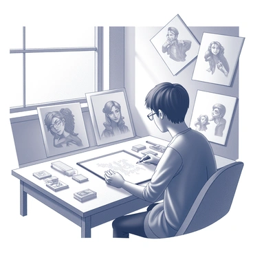 An artist is seated at a drawing table, intently sketching character designs on a blank sheet of paper. They are using a pencil, and their hand is poised above the page, focused on the details of the designs. Surrounding the artist, scattered around the table and leaning against the wall, are multiple sheets of concept art featuring various characters. The artwork displays various poses and expressions, showcasing the artist's creativity. The room has an organized chaos with art supplies like pencils, erasers, and sketchbooks visible on the table. Natural light streams in from a nearby window, illuminating the scene.