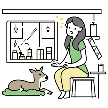 An elven healer with long, flowing hair is gently tending to a wounded animal. The healer is dressed in a simple green tunic and beige trousers, sitting on a wooden stool inside a cozy hut. The hut features wooden beams and shelves filled with jars of herbs and potions. A small table beside her holds bandages and tools for healing. The wounded animal, a small deer with a bandaged leg, lies on a soft bed of moss. Sunlight filters through the window, illuminating the serene atmosphere.