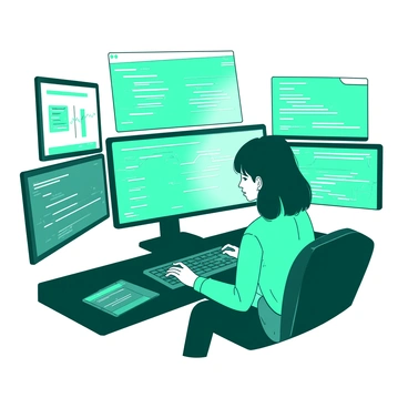 A teal woman with shoulder-length hair is seated at a sleek black desk, intently coding on a modern black computer. The computer has multiple futuristic screens surrounding her, each displaying vibrant, complex lines of code and digital interfaces in shades of white. The screens feature detailed graphs and flowcharts, illustrating the progress of her work. Soft lighting casts a glow on her focused expression, highlighting the determination in her eyes as she interacts with the advanced technology around her.