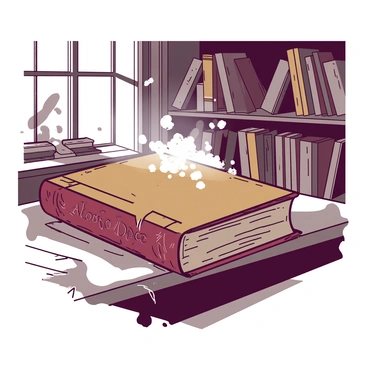 An old book with a worn, cracked leather cover is resting on a dusty shelf in a neglected library. Dust particles are visible in the air around the book, illuminated by soft light filtering through a nearby window. The shelf is cluttered with various other neglected books, some stacked haphazardly and others leaning against each other. Cobwebs cling to the corners of the shelf, adding to the atmosphere of neglect. The title on the spine of the book is faded and barely legible, hinting at the history contained within its pages.