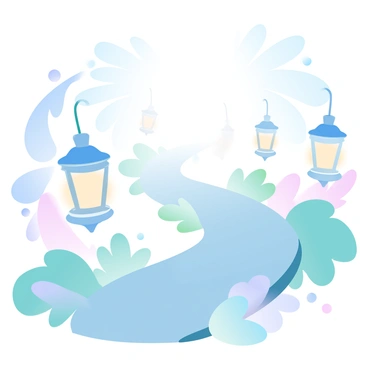 A winding path is lined with glowing lanterns, each casting a soft, warm light. The lanterns are various shapes, some round and others rectangular, hanging from delicate iron stands. Along the path, lush greenery is visible, contrasting the gentle glow of the lanterns. At the far end of the path, a bright, inviting light radiates, creating a sense of wonder and intrigue. The surrounding atmosphere is filled with a tranquil ambiance, enhancing the allure of the journey towards the distant glow.