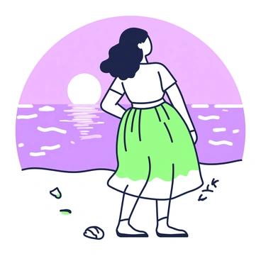 A silhouette of a woman stands on the beach. She has long hair, which flows slightly with the gentle ocean breeze. The woman is facing the horizon, where the sun is setting over the ocean. The sky is filled with a gradient of colors, transitioning from deep purple towards lighter shades. The water reflects the light, creating the impression of shimmering waves. In the foreground, soft sand is visible, with some footprints leading towards the shoreline. A few seashells are scattered around her feet.