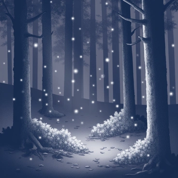 A dense forest at night, with tall trees and thick foliage creating a shadowy atmosphere. The ground is covered with leaves and fallen branches. A multitude of fireflies hover throughout the scene, their tiny forms emitting a soft, flickering light. The glow from the fireflies casts faint highlights on the surrounding tree trunks and underbrush, creating a mesmerizing effect among the darkness. The forest appears alive, with the movement of the fireflies creating a dynamic display amidst the stillness of the night.