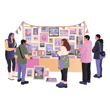 An illustrator is set up at a local art fair in Newcastle, with a vibrant display of artwork behind them. The illustrator, a woman with long curly brown hair, is wearing a brightly colored apron covered in paint splatters. She is standing beside a table filled with various framed illustrations, showcasing a variety of styles including whimsical characters and landscapes. The backdrop features a colorful banner with the text "Art by [Name]" in bold letters. There are visitors browsing the artwork, some stopping to chat with her about her creative process. Nearby, other artists are also displaying their pieces, creating a lively atmosphere at the fair. Bright flags are hanging above, adding to the festive feel of the event.