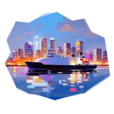 A tank barge is positioned in the foreground, creating a strong silhouette against a vibrant city skyline. The buildings in the skyline are illuminated with various colors, showcasing a mix of architectural styles. The night sky is deep blue, dotted with a few scattered clouds. A reflection of the city lights glimmers on the water surface surrounding the barge. The overall composition emphasizes the contrast between the dark barge and the brightly lit urban landscape behind it.
