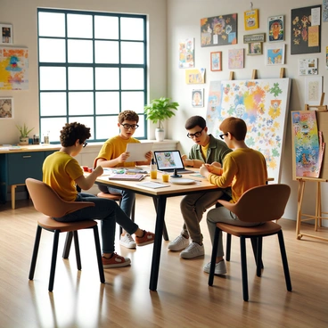 A group of illustrators working together in a vibrant shared workspace filled with creativity. There are three illustrators, each with distinct styles, gathered around a large wooden table. One illustrator with curly hair is sketching on a digital tablet, focused on their screen. Another illustrator, wearing glasses, is painting on a canvas with bright colors, surrounded by tubes of paint and brushes. The third illustrator, with short hair, is flipping through a sketchbook filled with colorful illustrations. The walls of the workspace are adorned with various artworks and sketches, creating an inspiring atmosphere. Large windows let in natural light, illuminating the energetic environment.