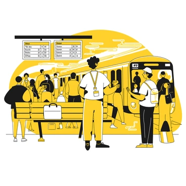 A person standing in a crowded train station, wearing a yellow lanyard with a visible transit card hanging from it. The individual is looking at a train schedule displayed on a screen above. Surrounding them are numerous commuters, some waiting on benches and others standing with bags. A train is arriving at the platform in the background, and there are signs directing passengers to various train lines. The atmosphere is busy, filled with the movement of people and the sound of announcements.