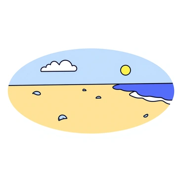 A wide sandy beach stretches into the distance, dotted with a few seashells scattered across the surface. The water is a calm blue, with gentle waves rolling in and softly lapping at the shoreline. In the background, a clear sky is visible, with a few fluffy white clouds floating above. The sun casts a warm light, creating soft reflections on the water's surface.