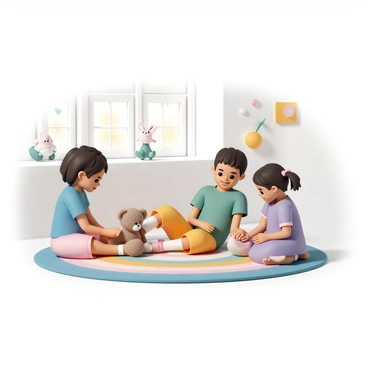 Three children are sitting on a soft, colorful rug in a bright room filled with sunlight. A girl, wearing a blue t-shirt and pink shorts, is gently massaging the foot of a fluffy teddy bear. A boy, dressed in a green t-shirt and yellow pants, is lying on his stomach, carefully giving a foot massage to a toy dinosaur. The third child, a girl in a purple dress, is sitting cross-legged with a small stuffed bunny in her lap, pretending to rub its feet. Each child has a look of concentration and joy on their faces as they mimic their parents' actions. The room is adorned with cheerful decorations, including colorful wall art and scattered plush toys.