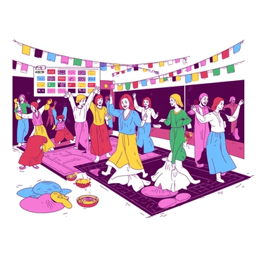 A group of people wearing vibrant kaftans in various patterns and colors are dancing joyfully at a cultural festival. The scene is filled with individuals of different ages and backgrounds, all engaging in traditional dance moves. Some of the dancers are holding hands, while others have their arms raised in celebration. The atmosphere is lively, with decorations around the festival area, including colorful banners and flags. The ground is adorned with patterned rugs where some festival-goers are seated, enjoying the performance. Bright, festive lights illuminate the gathering, adding to the festive ambiance of the event.