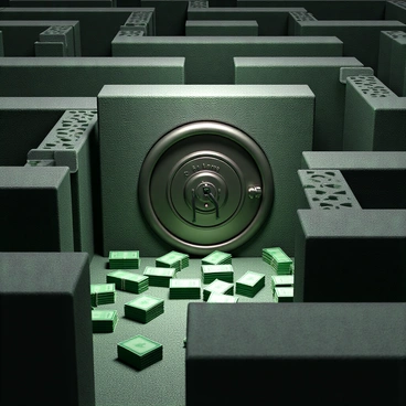 A complex maze with high, intricately designed walls made of stone, winding through the space. The paths within the maze are lined with stacks of cash, some neatly arranged while others appear to be scattered. The cash glimmers under the light, showcasing its bright green hue. At the center of the maze, there is a large, imposing vault with a heavy metal door, featuring a combination lock and intricate engravings. The atmosphere is filled with a sense of mystery and intrigue, drawing the viewer's gaze toward the vault as the ultimate destination.