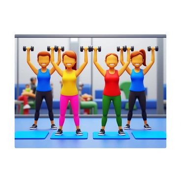 A group of four individuals, two men and two women, performing "dumbbell lateral raises" in a fitness class. Each person is holding a pair of dumbbells, raising them to shoulder height with arms extended. The participants are wearing colorful athletic clothing, showcasing a variety of styles including tank tops and leggings. The setting features a gym with mirrored walls and exercise mats on the floor. The expressions on their faces convey focus and determination as they synchronize their movements. Visible in the background are other fitness equipment and a few spectators observing the class.