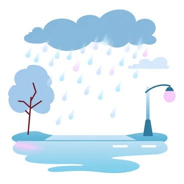 Rain pouring down on a city street, creating puddles on the ground. The raindrops appear to form abstract shapes, hinting at expressions of frustration. Dark clouds loom overhead, intensifying the atmosphere. Streetlights cast a warm glow, reflecting off the wet pavement. Nearby, trees sway gently in the wind, their leaves glistening with moisture.