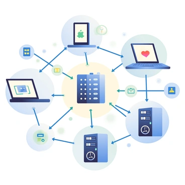 A complex web of interconnected devices and servers is displayed in the image. Various devices, including laptops, smartphones, and tablets, are visually connected by glowing blue lines that represent data flow. Multiple servers are incorporated within the web, each designed with intricate details such as blinking lights and ventilation grilles. The background consists of a smooth gradient transitioning from light blue at the top to deep navy blue at the bottom, enhancing the visual depth of the network. Small icons representing different online services, such as social media and email, are spread throughout the web, symbolizing their connection to the internet.