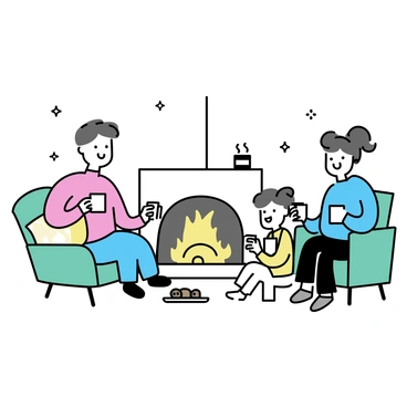 A family of four is gathered in a cozy room around a warm, crackling fireplace. The father, wearing a red sweater, sits on a green armchair, holding a white mug of hot cocoa. The mother, in a blue sweater, sits next to him on a matching green sofa, also holding a mug. Two children, a boy and a girl, sit on the floor in front of the fireplace, both smiling as they enjoy their drinks. The room is softly lit, with a few cushions scattered around and a small side table holding a plate of cookies. A warm ambiance fills the scene.