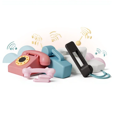 A collection of various ringing phones, including vintage rotary phones in bright red and blue, modern smartphones in sleek black and silver, and a whimsical pink flip phone. Each phone is positioned at different angles, leaning against one another in a colorful, playful arrangement. Sound waves emanate from each phone, illustrated as vibrant lines in shades of yellow and green, emphasizing the ringing. The background includes soft pastel colors to accentuate the lively atmosphere created by the phones.