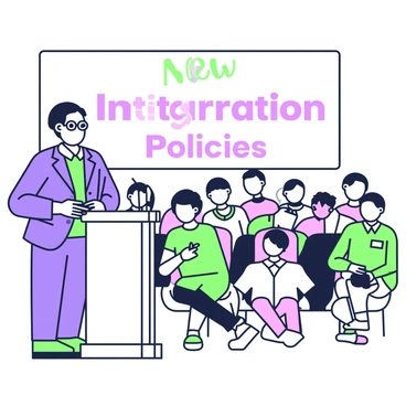 A principal is standing at a podium in a school auditorium, addressing an audience of students and teachers. The principal is wearing a navy blue suit and has glasses perched on the bridge of their nose. A microphone is positioned in front of them as they speak. Behind the principal, a large banner displays the text "New Integration Policies" in a bold font. The audience consists of diverse students sitting in rows, some taking notes while others listen attentively. Bright lights illuminate the stage area, creating a focused atmosphere for the announcement.