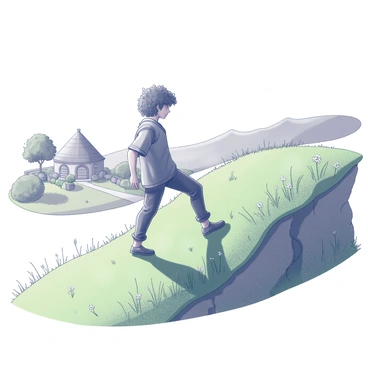 A determined hobbit is climbing a green hill. The hobbit is wearing a simple, rugged outfit, with curly hair peeking out from under a small hat. The hillside is gently sloping, covered in grass and dotted with wildflowers. In the background, a picturesque view of the Shire is visible, showcasing round door homes and lush gardens. The sky above is clear, and the overall scene conveys a sense of adventure and resilience.