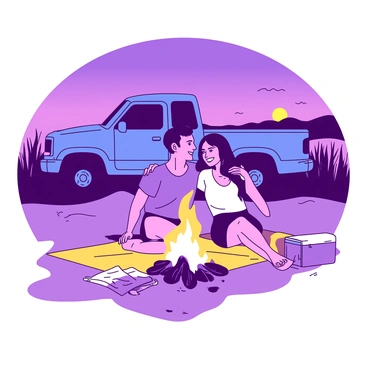 A couple is sitting on a yellow blanket in front of a warm, glowing bonfire on a beach. The flames of the fire flicker and dance, illuminating their faces with a soft light. The man has his arm around the woman, who is leaning against him, both smiling as they enjoy each other's company. Behind them, a blue pickup truck is parked in the sand, partially obscured by tall grass. The sky above is a deepening shade of purple as the sun sets on the horizon, casting a peaceful ambiance over the scene. A few beach towels and a small cooler sit nearby, hinting at a cozy evening under the stars.