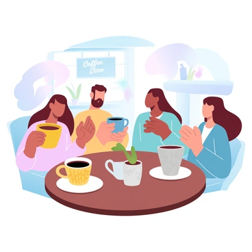 A cheerful gathering of friends at a café, each holding a unique cup of coffee and sharing laughs.
