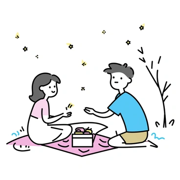 A couple is sitting on a checkered blanket spread out on the grass, surrounded by small flickering fireflies illuminating the area. The man is wearing a short-sleeved blue shirt and khaki shorts, while the woman is dressed in a light summer dress. They are sharing a picnic basket filled with fruits and sandwiches. The sky above them is dotted with twinkling stars. A nearby tree casts a subtle shadow, contributing to the tranquil ambiance of the picnic.