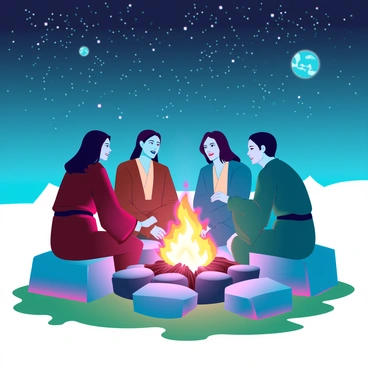 A group of four Jedi with varied appearances is gathered around a glowing campfire. Each Jedi is dressed in traditional robes that reflect their unique styles, with two of them wearing brown robes, one in a blue robe, and the other in green. They are sitting on large, smooth stones arranged in a circle around the fire. The flames illuminate their faces, showing expressions of camaraderie and joy as they share stories. Above them, a clear night sky filled with countless stars creates a stunning backdrop, and a few distant planets can be seen shining brightly. The ground is covered with soft, green grass, and the gentle light from the fire casts dancing shadows around them, enhancing the warm atmosphere.