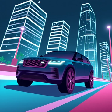 A sleek black Range Rover driving down a city street at night. The scene is illuminated by bright streetlights that cast a warm glow on the asphalt. Skyscrapers with reflective glass windows tower on either side of the road, their lights twinkling like stars against the night sky. The Range Rover's headlights beam forward, slicing through the darkness, while the motion of the vehicle creates a sense of speed. A few trees line the sidewalk, their leaves rustling gently in the night breeze. The atmosphere is dynamic and vibrant, showcasing the energy of the city at night.