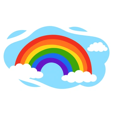 A colorful rainbow arching across the sky, with each band of color vividly representing a different language. The top band is a rich red, representing passion and intensity, followed by an orange band that symbolizes creativity and warmth. Next, a bright yellow band symbolizes joy and energy, transitioning into a lush green band that represents growth and harmony. The blue band signifies calmness and clarity, while the indigo band embodies depth and introspection. Finally, the violet band at the bottom portrays spirituality and imagination. The rainbow is set against a clear blue sky, with fluffy white clouds gently floating around.