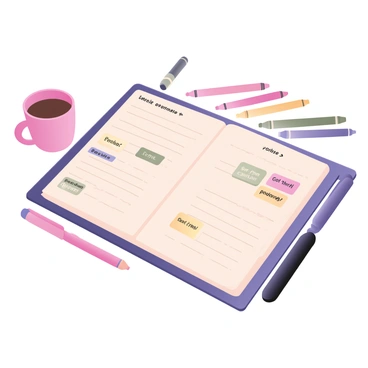 A digital flat illustration depicting an open daily planner. The planner features neatly organized pages with color-coded tasks listed in various sections, each representing different priorities. There are bright and colorful motivational stickers scattered throughout the pages, including phrases like "You got this!" and "Stay positive!" The planner is surrounded by colorful pens and a cup of coffee to the side. The background includes a softly colored desk surface to bring focus to the planner.