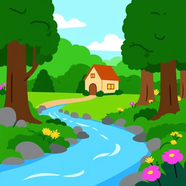 A vibrant fairytale forest with tall, lush green trees and dappled sunlight filtering through the leaves. In the clearing, a quaint cottage with a thatched roof sits hidden among the trees, its windows glowing warmly. A gentle stream flows by, sparkling in the sunlight, with smooth pebbles visible beneath the clear water. Colorful wildflowers bloom along the banks of the stream, adding splashes of color to the serene setting. Small woodland creatures can be seen peeking from behind the bushes, enhancing the enchanting atmosphere of the scene.