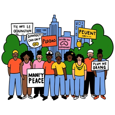 A diverse group of people of various skin tones and ages standing together in a city square, holding colorful signs with messages of support and unity. Some individuals have light skin and short hair, while others have dark skin and long curly hair. There are men and women wearing casual clothes, such as t-shirts and jeans, and some individuals are wearing hats. The signs feature bright colors and bold letters, showcasing various slogans and symbols representing peace and change. The background features buildings typical of a city landscape, with trees lining the square, creating a lively atmosphere.