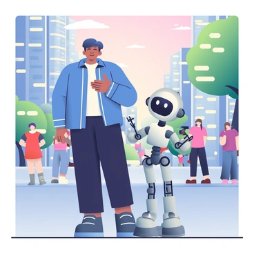 A human with short, dark hair wearing a fitted blue jacket and black pants is standing on a bustling sidewalk in a futuristic city. The city features sleek skyscrapers with glass facades and neon lights illuminating the streets. Next to the human is a friendly robot with a shiny silver exterior, large expressive eyes, and a round head. The robot has articulated arms and is gesturing with one hand as if animatedly discussing something. People can be seen walking in the background, and some trees with glowing leaves are integrated into the urban landscape. The sky is a soft gradient of pink and orange, indicating either dawn or dusk.